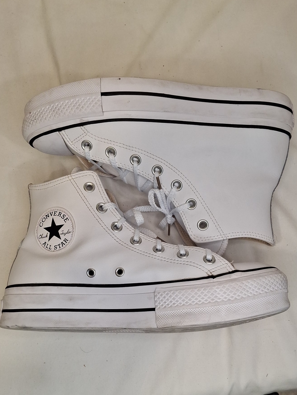 Converse Women's Leather White High Top Platform Sneakers with Black Stripe